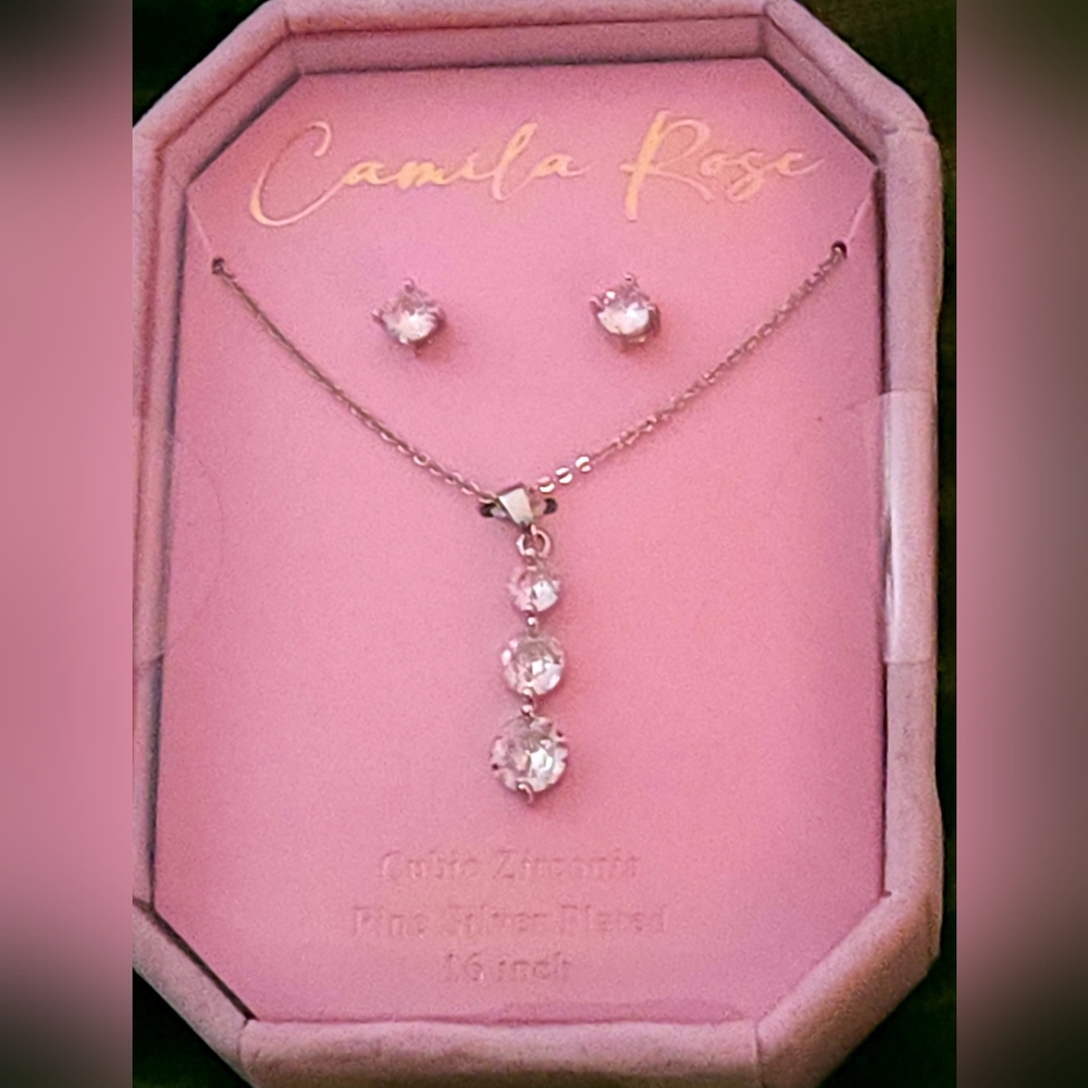 NEW! Camila Rose Cubic Zirconia Fine Silver Plated 16" Necklace and Earring Set. - Picture 7 of 12